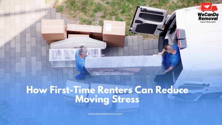 New renters moving into their first home with packed boxes.