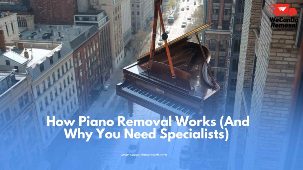 Professional piano removal team safely lifting and transporting an upright piano.