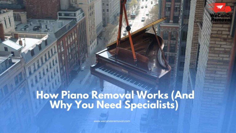Professional piano removal team safely lifting and transporting an upright piano.