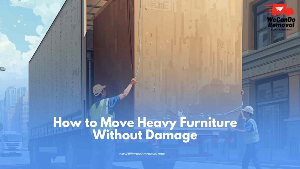 Two people lifting together to safely move heavy furniture without damaging