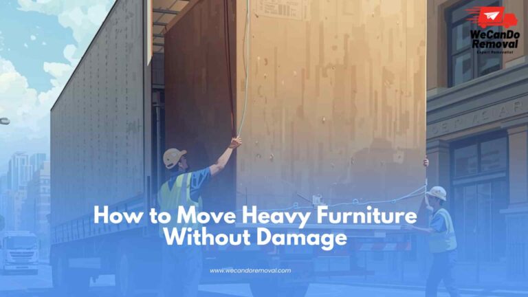 Two people lifting together to safely move heavy furniture without damaging