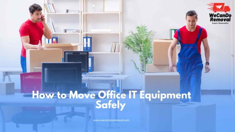 Professional movers disconnecting office IT equipment safely.