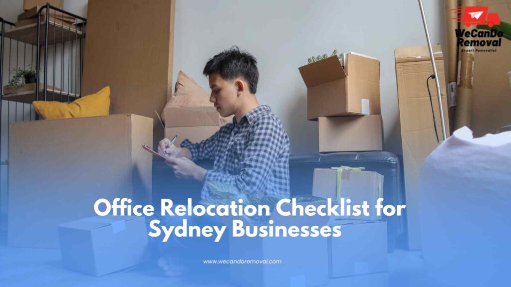 Office relocation checklist on a desk with moving supplies and documents