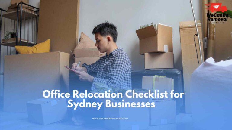 Office relocation checklist on a desk with moving supplies and documents