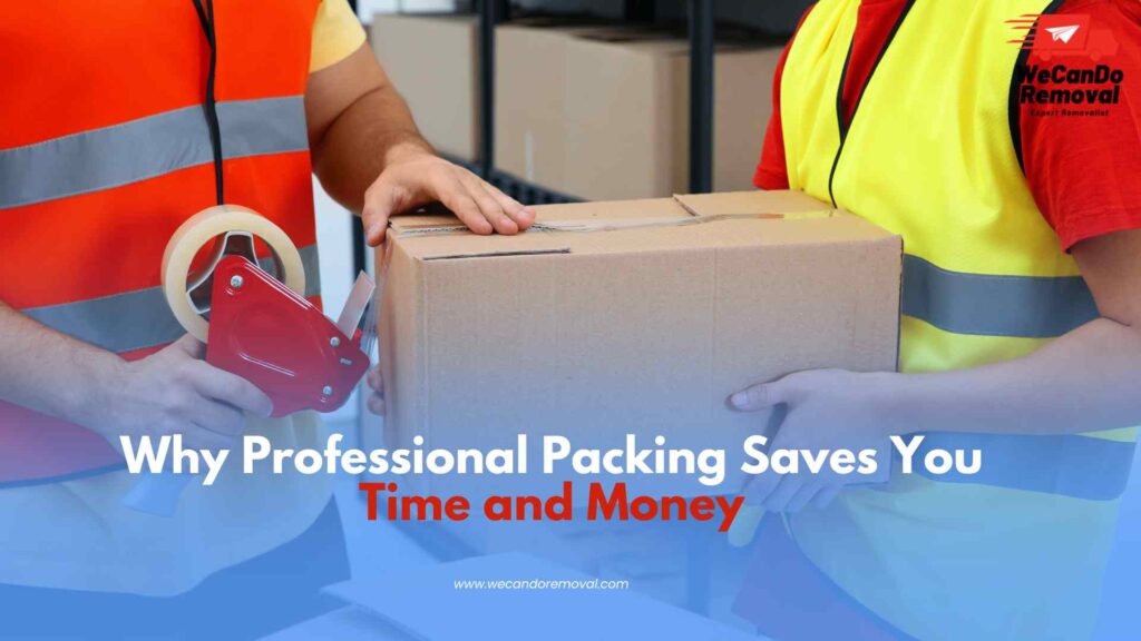 Professional packing service preparing boxes for a house move.