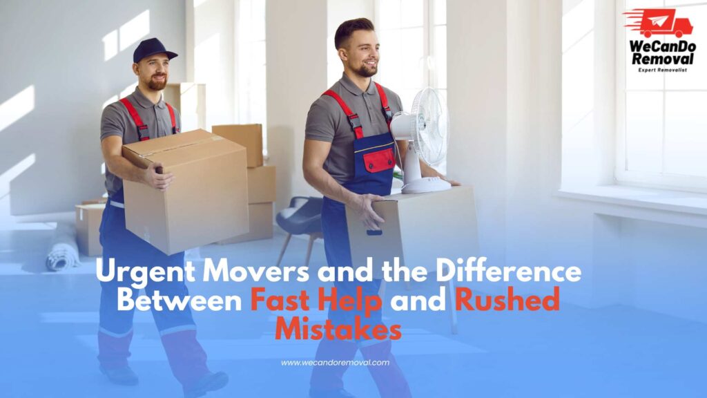 Image of a moving truck and crew labeled Urgent Movers arriving quickly.